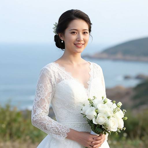 Photograph of an Asian bride with dark hair in an updo, wearing a lace white wedding dress, holding a white flower bouquet, standing against a