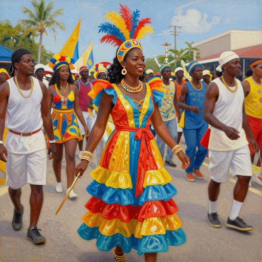 Photograph of a vibrant Caribbean Carnival parade: Black woman in colorful, multilayered dress with red, yellow, blue, and blue feathers,
