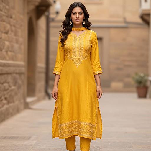 Photograph of a young South Asian woman with long black hair, wearing a vibrant yellow traditional dress and matching leggings, standing in a narrow, cobble