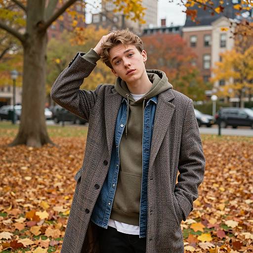 Young man with tousled brown hair, wearing gray coat, green hoodie, and denim shirt, stands in autumn park, hands in pockets, surrounded by