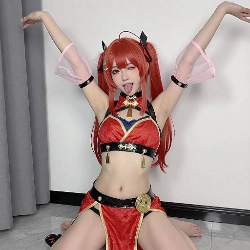 Playful Red-Haired Anime Belly Dancer