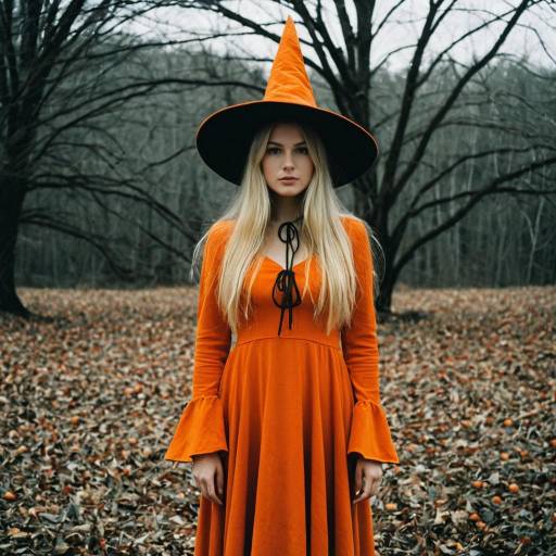 Woman in Orange Witch Costume in Autumn Forest