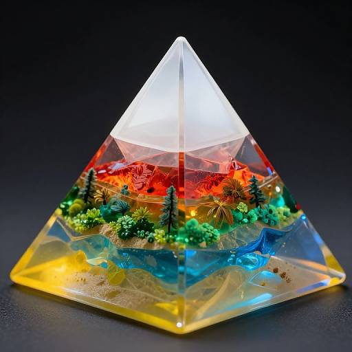 Photograph of a transparent, multi-colored geometric crystal pyramid with miniature trees and mountains inside, illuminated from within, set against a dark background.