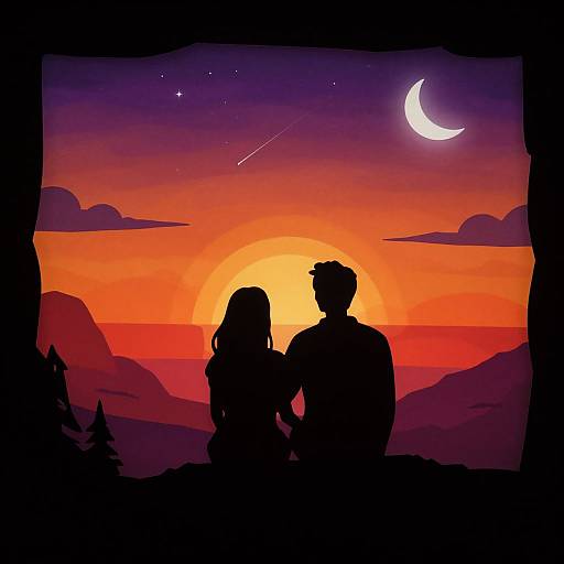 Silhouetted couple sitting together at sunset, watching a crescent moon and shooting star in a vibrant, colorful sky. Digital illustration.