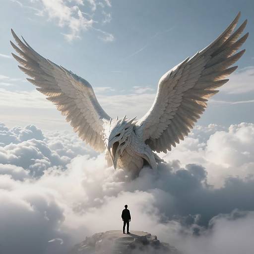 Digital artwork: Silhouetted figure stands on cloudy mountain peak, gazing at massive, majestic white-winged bird with outstretched wings in