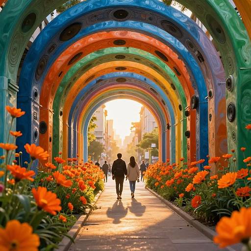 Photograph of a colorful, rainbow archway tunnel with bright orange flowers, sunlight streaming in, and people walking away.
