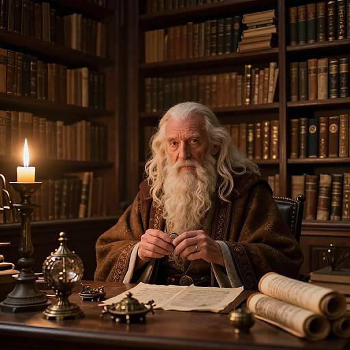Photograph of an elderly man with a long white beard, wearing a brown robe, in a dimly lit library, writing at a wooden desk with