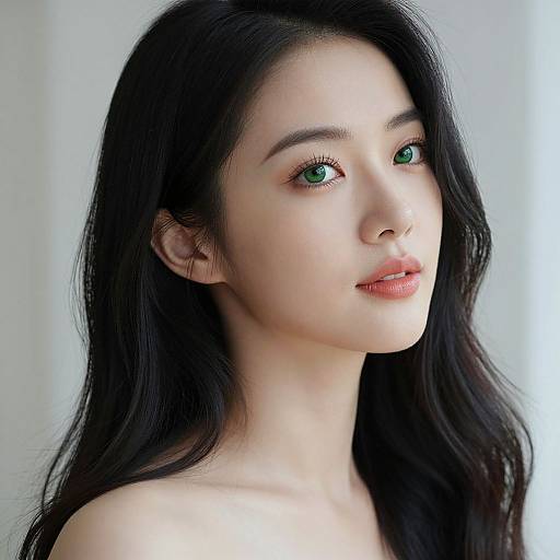 Photograph of an Asian woman with long black hair, green eyes, light skin, and pink lips, looking slightly to the right. Bright, soft