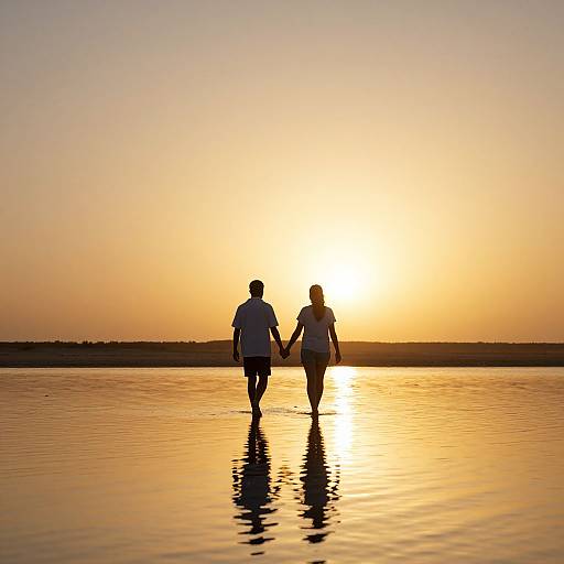 Photograph of a silhouetted couple holding hands, walking on a reflective water surface during a golden sunset, with the sun low on the horizon