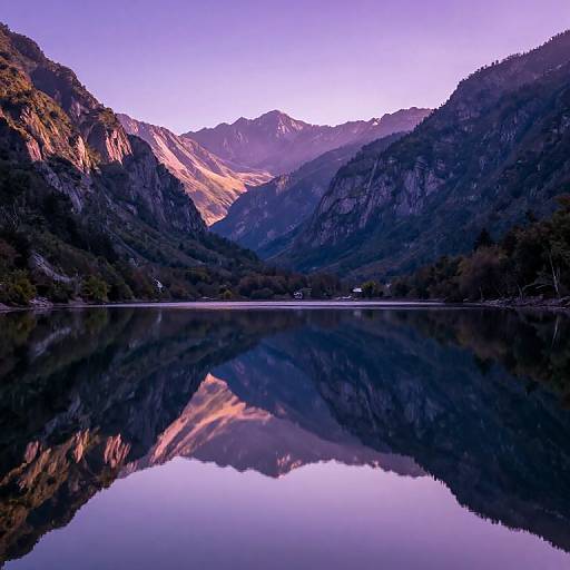 Photograph of a serene mountain valley at sunset, with clear, reflective lake mirroring purple and pink sky, surrounded by dark, forested peaks.