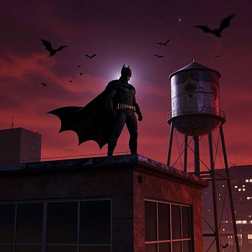 Silhouetted Batman statue on rooftop against red sunset, with bats flying, and a tall water tower illuminated in the background. Photorealistic digital