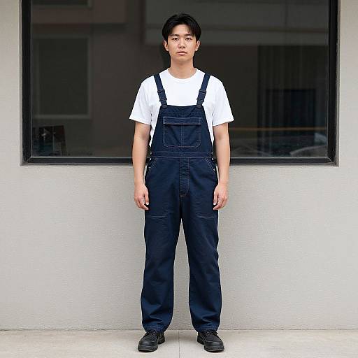 Young Asian boy with short black hair, wearing a white t-shirt and black overalls, standing in front of a window.
