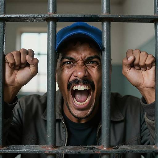 Intense Prisoner Behind Metal Bars