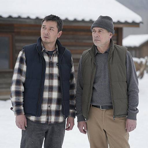 Two Men in Winter Clothing Outdoors