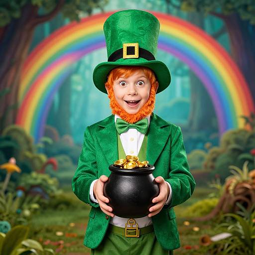 Photograph of a wide-eyed, red-bearded child in a green leprechaun outfit holding a black pot of gold, set against a vibrant