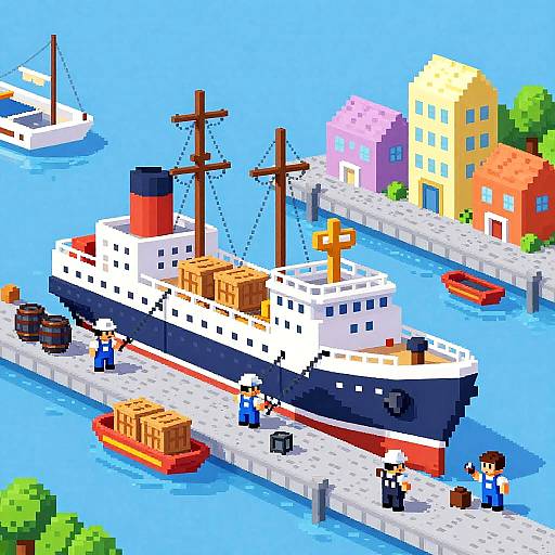 Pixel Art Ship at Busy Harbor