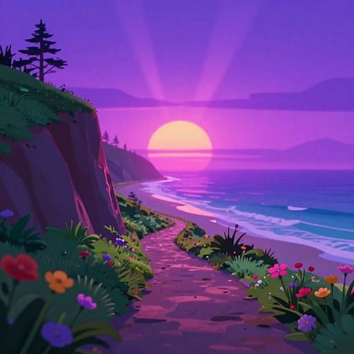 Digital painting of a vibrant, purple-hued coastal path lined with colorful flowers, leading to a glowing pink and orange sunset over the ocean.