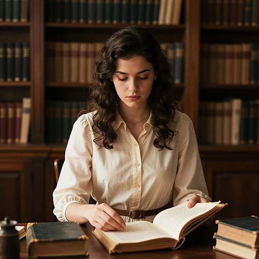 Photograph of a dark-haired woman with wavy hair, wearing a cream blouse, reading an open book in a dimly lit library with wooden book