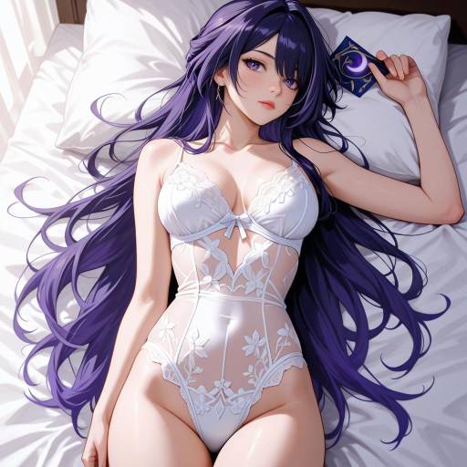 Anime Girl in White Lingerie on Bed