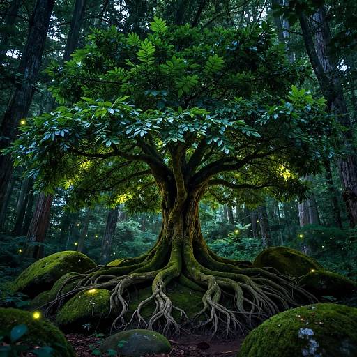 Enchanted Tree with Glowing Fireflies