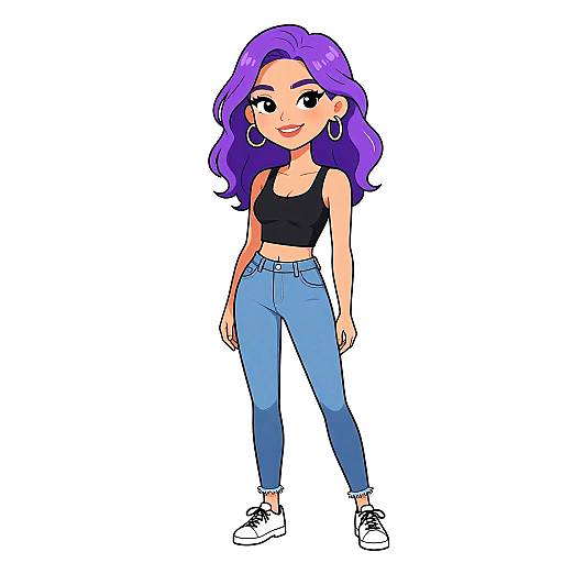 Cartoon-style drawing of a confident woman with long purple hair, wearing a black tank top, blue jeans, white sneakers, and hoop earrings.