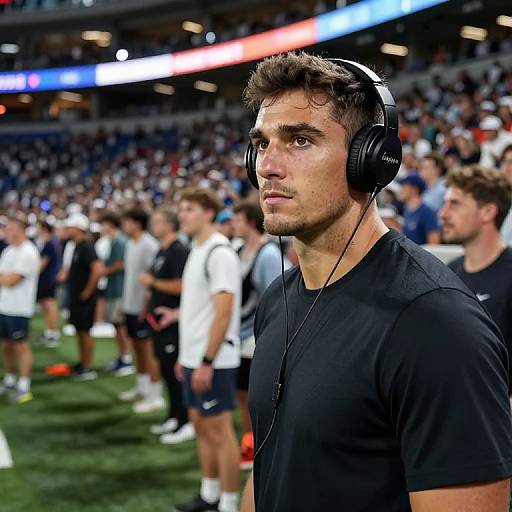 Photograph of a focused male football player with short brown hair, wearing black headphones and a black shirt, standing on a grass field in a crowded stadium
