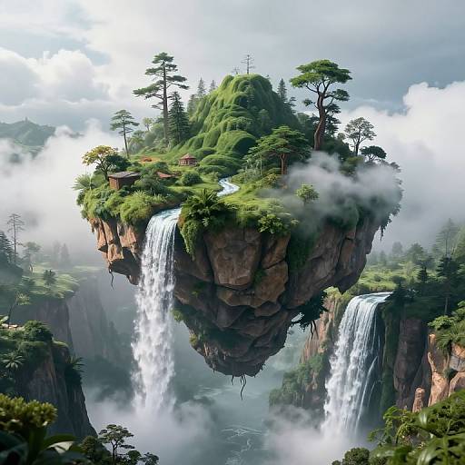 Photograph-like digital artwork of a floating, lush island with tall trees, twin waterfalls, and misty surroundings, set in a dramatic, mountain