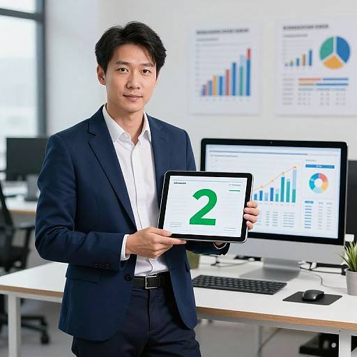 Asian man in navy suit holding tablet with green 