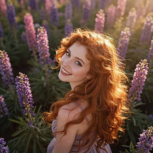 Photograph of a smiling red-haired woman with wavy hair, standing amidst a sunlit field of purple lupines, sunlight highlighting her hair.