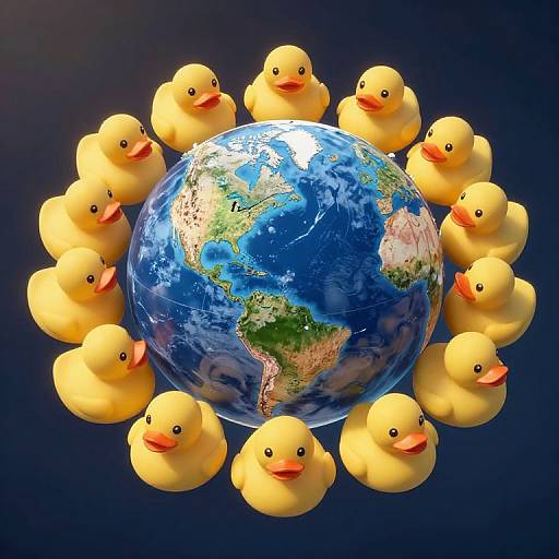 Photograph of a blue Earth surrounded by a circle of yellow rubber ducks against a dark blue background.