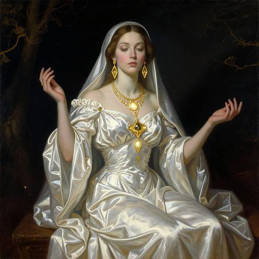 Photorealistic digital painting of a fair-skinned, brown-haired woman in a shimmering silver gown, gold jewelry, and veil, seated against a
