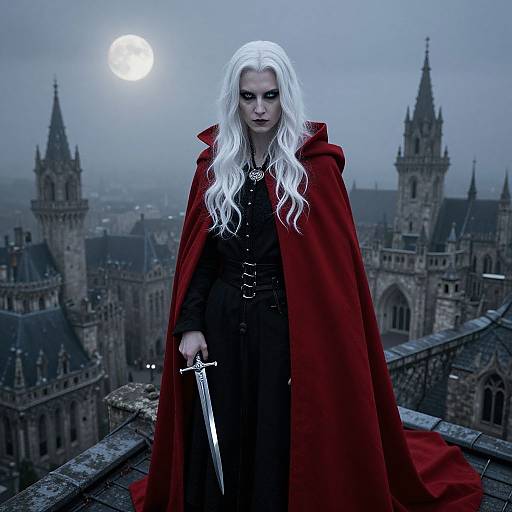 Photorealistic digital art: Pale-skinned, white-haired vampire woman with dark makeup, red cloak, black dress, holding sword, moonlit Gothic