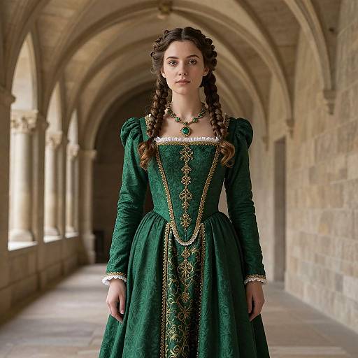 Photograph of a young woman with braided brown hair, wearing a green, intricately embroidered Renaissance dress, standing in a medieval stone corridor with ar