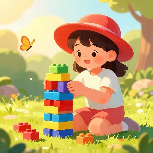 Girl Building Colorful Block Tower