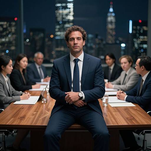 Photograph of a serious-looking man in a navy suit, seated at a wooden conference table in a nighttime cityscape office, surrounded by eight other business