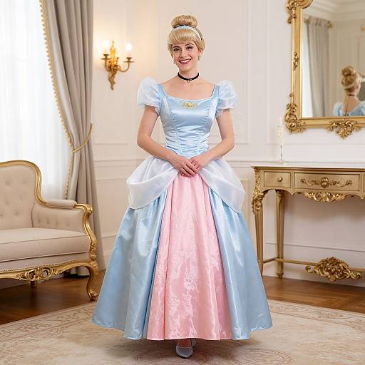 Photograph of a smiling blonde woman in a blue and pink satin princess dress, standing in an elegant, ornate room.