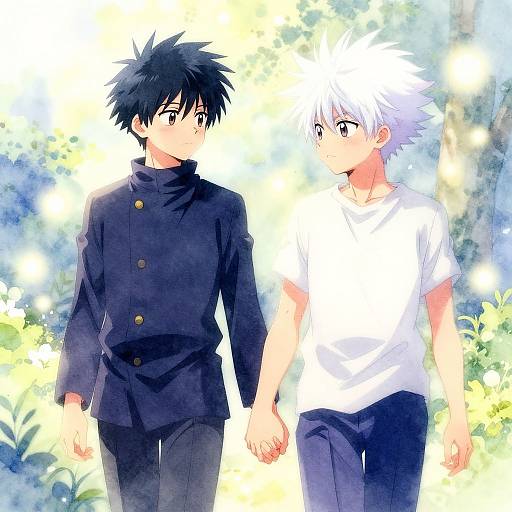Digital anime-style illustration of two male characters walking hand-in-hand, one with black spiky hair in a dark school uniform, the other with white sp