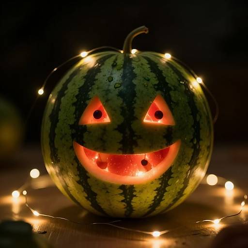Photograph of a carved watermelon jack-o'-lantern with glowing red eyes and mouth, illuminated by yellow string lights. Dark background.