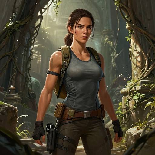 Digital artwork of a muscular, dark-haired woman in a tight blue tank top and tactical gear, standing confidently in a dim, jungle-like cave, holding