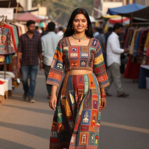 Photograph of a smiling Indian woman with long black hair, wearing a colorful, patterned crop top and skirt, standing in a bustling outdoor market.