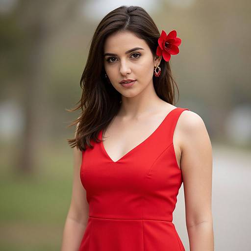 Photograph of a young woman with fair skin, dark brown hair, and a red flower in her hair, wearing a vibrant red dress, standing outdoors