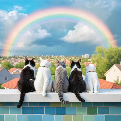 Serene Cats Overlooking Suburban Rainbow