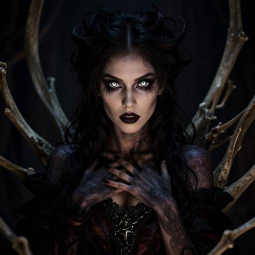 Dark, gothic photograph of a pale woman with glowing white eyes, black lipstick, and long, tangled hair, surrounded by twisted wooden branches, hands