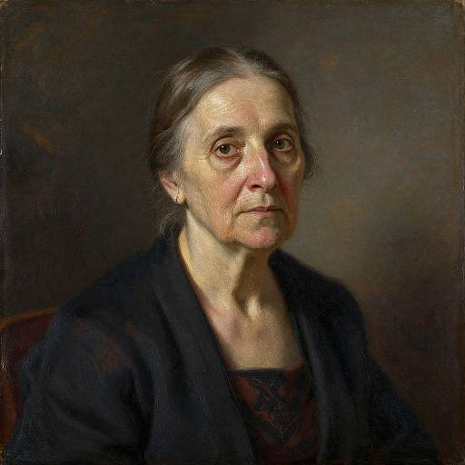 Photorealistic oil painting of an elderly woman with pale skin, brown hair, and deep wrinkles, wearing a dark robe over a red patterned top
