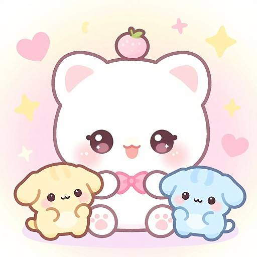 Cute digital drawing of a white bear with pink blushing cheeks, pink bow, and small yellow and blue dogs, all with sparkling eyes, against