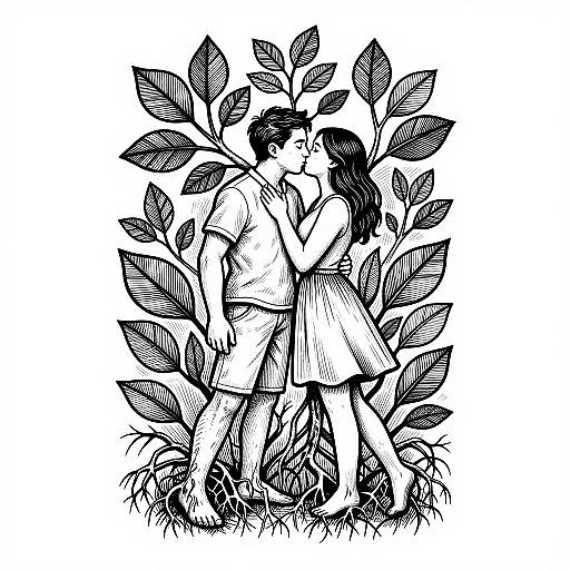 Black and white ink drawing of a couple kissing, standing among leafy plants, wearing casual clothes, with detailed line work.