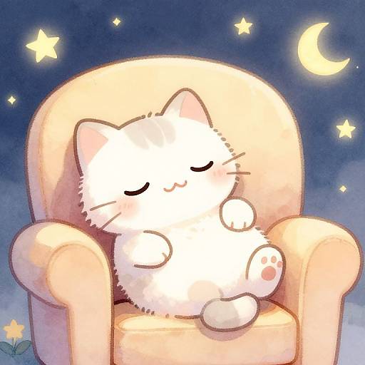 Cute white cat with closed eyes sleeping in a yellow armchair under a starry night sky with a crescent moon. Digital watercolor style.
