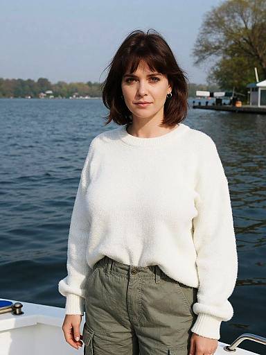 Photograph of a woman with short dark brown hair, wearing a white fluffy sweater and olive green pants, standing on a boat by a calm lake with