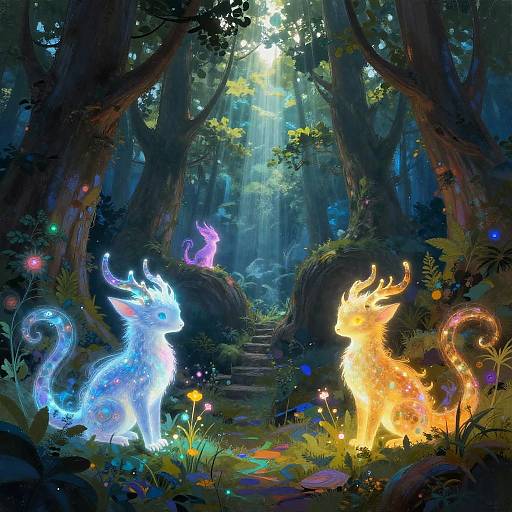 Digital fantasy art of two glowing, ethereal dragon-like creatures in a mystical forest, illuminated by sunlight filtering through tall trees. One creature glows blue