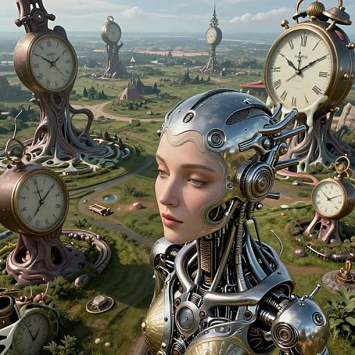 Steampunk-style CGI of a robotic girl with metallic headgear among towering clock-trees on a grassy, sprawling landscape under a blue sky.